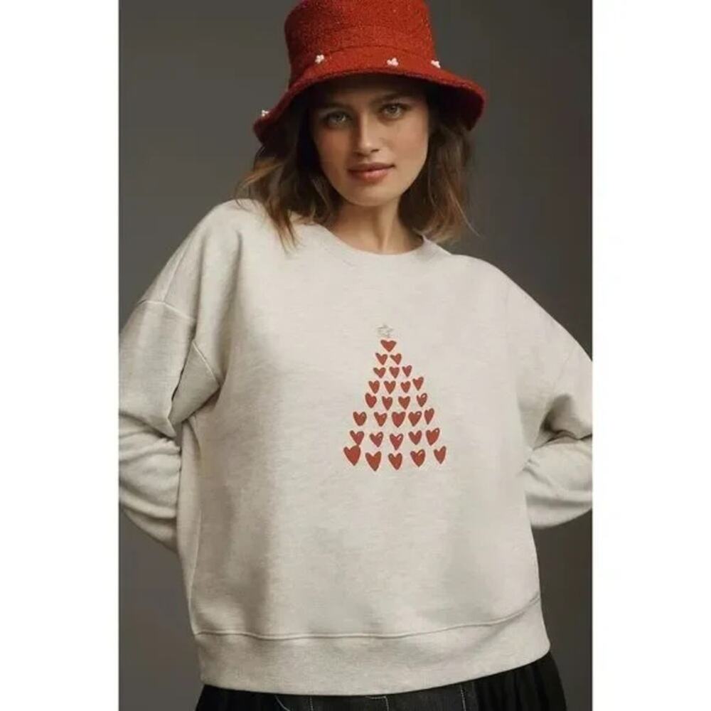 Anthropologie Maeve X Kera Till Gray Sweatshirt Crewneck Heart Holiday Large